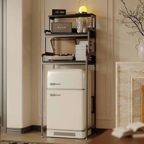 COCOLUCKY 4-Tier Mini Fridge Stand with Storage,Mini Fridge Cabinet with Storage,Microwave Stand,Bakers Rack,Microwave Oven Stand with Storage,Mini Fridge Shelf for Home Office Dorm (Black Wood Grain)