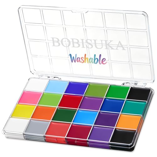 BOBISUKA 24 Colors Water Activated Face Body Paint Palette Highly Pigmented Washable Face Painting Kit for Halloween Cosplay SFX Festival Party Body Art Paints for Adults