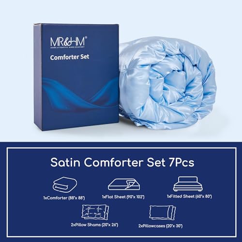 MR&HM Satin Comforter Queen 7 Pieces - Luxurious Pinch Pleat Bedding Set with Comforter, Flat Sheet, Fitted Sheet, Pillowcases & Shams, Super Silky Soft Bed Set for All Season (Queen, Light Blue)