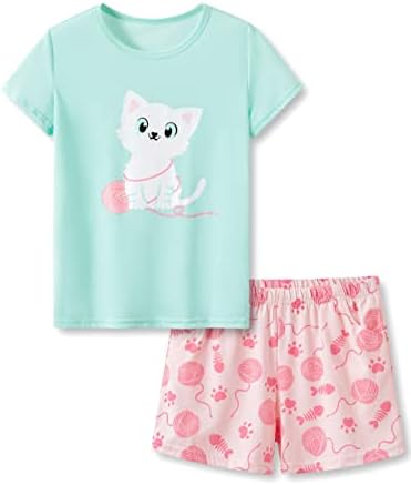 Beezizac Girls Cotton Sleepover Pajama Set for Little &amp; Big Girls Short Sleeve Set 2-Piece PJ Size 4T-18