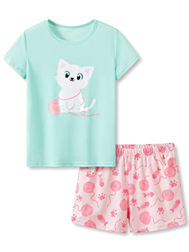 Beezizac Girls Cotton Sleepover Pajama Set for Little & Big Girls Short Sleeve Set 2-Piece PJ Size 4T-18