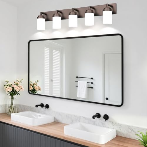 Image of Bathroom Light Fixtures, Oil Rubbed Bronze Bathroom Lighting Fixtures Over Mirror, Modern Vanity Light with White Glass Shade, Restroom Lighting Fixtures, 5-Light 36-inch