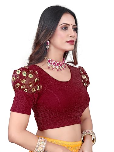 Image of Shreeji Designer Round Neck Cotton Lycra and Net Fabric Fully Stretchable Baloon Sleeve Designer Readymade Blouse for Women