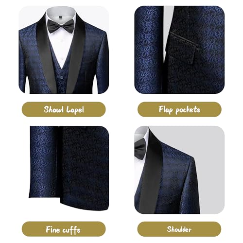 Mens Tuxedo 3 Pieces Slim Fit Suit Blazer Shawl Lapel Jacquard Vest Pants Wedding Party Prom Banquet Performance3