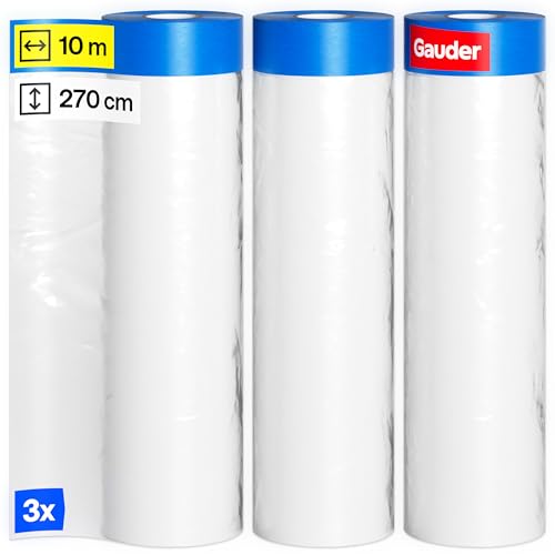 GAUDER 3 Rouleaux de Masker avec Ruban de Masquage (270 cm x 10 m) | 81 m² de Film de Protection Pré-Adhésif | Lot de 3 pour Fenêtres, Portes et...