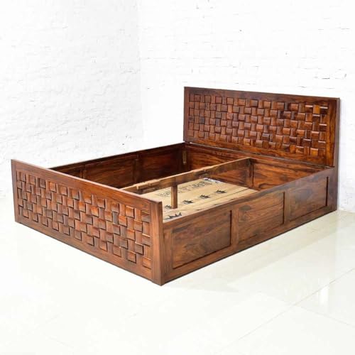 Image of CUSTOM DECOR Sheesham Wood King Size Bed with Box Storage Wooden Double Bed Cot Bed Furniture for Bedroom Living Room Home (Honey Finish)
