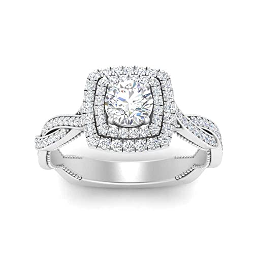 Image of Choose Your Gemstone Double Halo Twisted Shank Engagement Ring 925 Sterling Silver Round Shape Double Halo Engagement Ring Lightweight Office Wear Everyday Gift Jewelry US Size 4 to 12