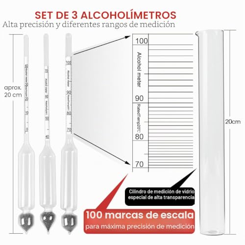 Miniatura 2 de Notimin Medidor De Alcohol 3pcs Hidrómetro De Alcohol Set De Densímetros 0-40,40-70,70-100vol Cilindro De Vidrio Especial, Para Licores Licores Destilados Etc Manual En Español