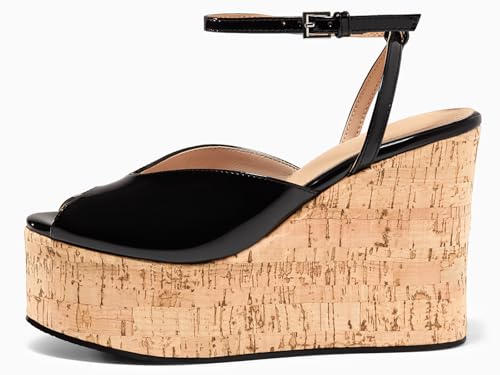 Coutgo Womens Platform Wedge Sandals Cork Dressy Peep Toe Ankle Buckle Strap High Heels Summer Shoes4