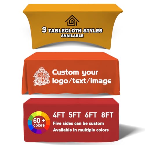 Customized Tablecloth with Logo 4/5/6/8/10FT for Business Tradeshow Events Company School Shop Welfare Organization Other Important Events Shipping Next Day (Stretch tablecloth, 5FT back closed)