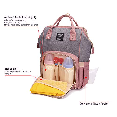 Qimiaobaby Diaper Bag Backpack,Waterproof Multifunctional Large Travel Nappy Changing Bags… (Pink With Gray) #TOP1