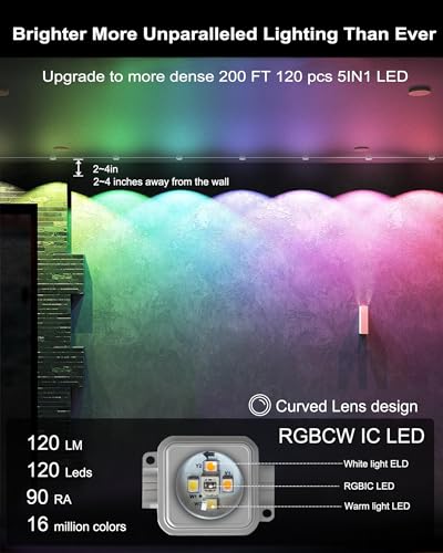 Seyxicnor RGBCW Permanent Outdoor Lights,108 Scene Modes Smart Outdoor Christmas Lights with Voice Remote APP Control, IP68 LED Eaves Lighting for Halloween Party, Daily Garden Decor (120LED 200FT) — view 4