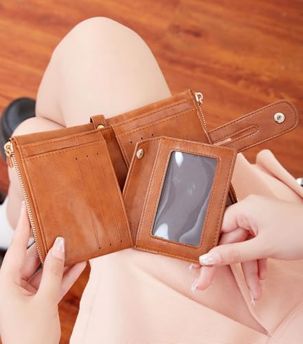 Image of AOXONEL Wallets for Women Small Rfid Bifold Leather Ladies Wallet,Travel Billfolds Medium Size Card Holder with Removable Wristlet Chain,Multi-Card Slots,ID Window,Double Zipper Coin Pocket (Brown)