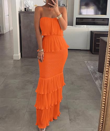 Image of SEMATOMALA Women's Boho Tube Top Tiered Ruffle Slim Fitted Maxi Dress Smocked Vacation Holiday Long Dress