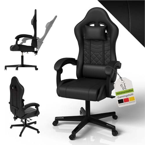 Juskys Gaming Stuhl – PC Stuhl & Bürostuhl in einem, ergonomisch, verstellbare Rückenlehne, höhenverstellbar, Kunstleder Gaming Chair Schwarz Juskys Gaming Stuhl – PC Stuhl & Bürostuhl in einem, ergonomisch, verstellbare Rückenlehne, höhenverstellbar, Kunstleder Gaming Chair Schwarz