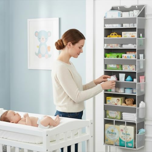 Image of Over the Door Hanging Organizer for Bathroom & Nursery - 6 Shelf Closet Door Organizer, Anti Tilt 50LB Load Baby Behind Door Storage with 6 Large Clear Front & 12 Mesh Pockets, Small Space Essentials