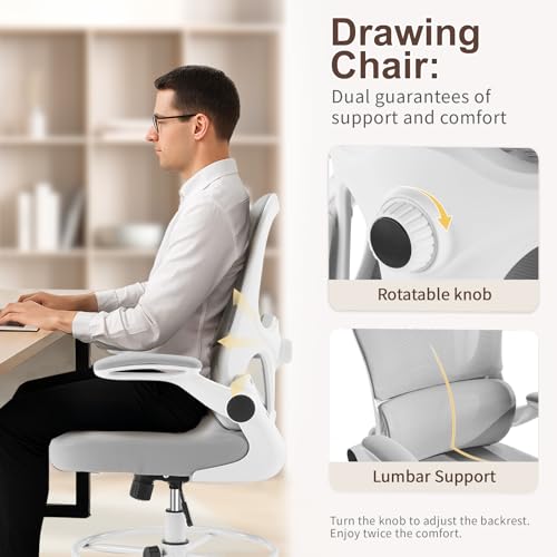 Image of Karl home Ergonomic Drafting Chair, Grey | Lumbar Support, Flip-Up Armrests, Adjustable Height Footrest Ring, Breathable Mesh, Tall Swivel