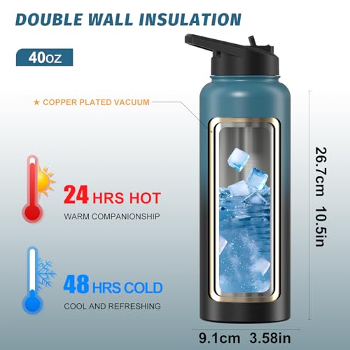 Image of 40oz Insulated Water Bottle (Cold for 48 Hrs),BPA Free&Leak Proof,Stainless Steel Water Flask,Water Jug with Straw Spout Lids for Gym,Hiking,Travel,Black Blue