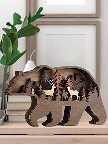 Lazyspace Wooden Brown Bears Decorations,3D Creative Forest Animal Bear Elk Silhouette Home Ornaments Hollowed Back Multi-Layer Forest Scene Display, for Desktop Ornaments, Home Decor