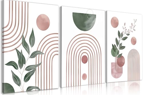 Image of Frimeeme Framed Large Boho Pink and Green Canvas Print Set of 3,16x24 In | Abstract Leaves Geometry, Ready to Hang