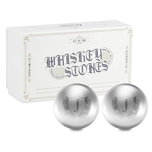 Onebttl Initial Whiskey Stones - 2pcs Round Stainless Steel Ice Rocks with Pouch, for Whisky Lovers, Unique Gift for Men & Women, J