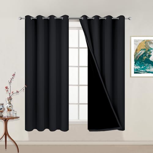 Image of Yakamok Black 100% Blackout Curtains 54 Inches Long for Bedroom 52 inch Wide | Blackout Curtain Panels for Bedroom, 2 Thick Layers Grommet Top Thermal Insulated Drapes with Black Liner for Living Room