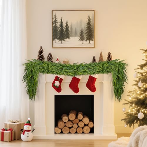 GarveeHome 6 Ft Realistic Christmas Garland, Real Touch Norfolk Pine Garland for Mantle, Dense Artificial Greenery Garland Decorations for Fireplace Stairs Railing Dining Table Indoor Outdoor, 1 Pcs