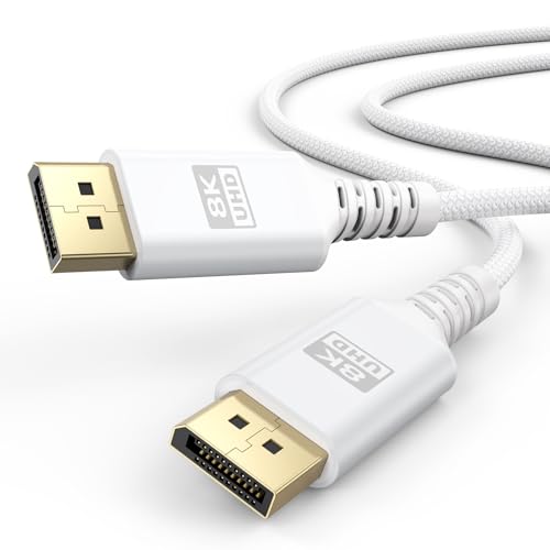 UVOOI 8K White DisplayPort Cable 6.6FT, Display Port 1.4 Cable DP Cord (8K@60Hz, 5K@60Hz, 4K@144Hz, 2K@240Hz, HDR) for Gaming Monitor PC, Laptop, Graphics Card