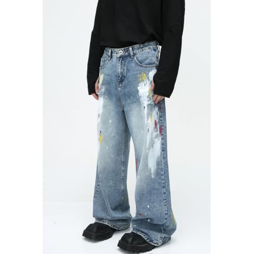 XYGJZ Men Wide Leg Paint Splatter Jeans Baggy Loose Hip Pop Denim Pants4