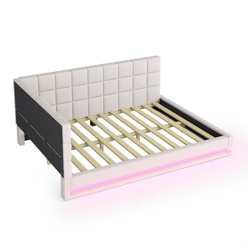 Kayan Polsterbett 140x200 mit LED und USB, Daybett Tagesbett Schlafsofa Multifunktionsbett mit Lattenrost, Hautfreundlicher Samtstoff, Ohne Matratze