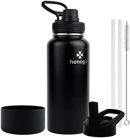 honogo 32 oz Powder Coated Double Wall Vacuum Insulated Sports Water Bottle, 18/8 Stainless Steel Wide Mouth Thermos Flask with Straw Lid & Spout Lid, Leak Proof, Sweat Free, BPA Free (Black, 32 oz)