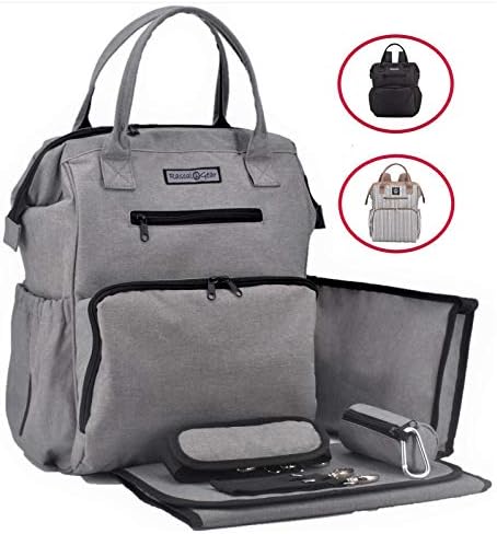 Rascal Gear Grey Baby Diaper Bag Backpack, Tote, Shoulder or Cross Body with Insulated Bottle Pockets, Stroller Straps, Changing Pad, Wet Bag; Machine Washable; Multipurpose; Waterproof;
