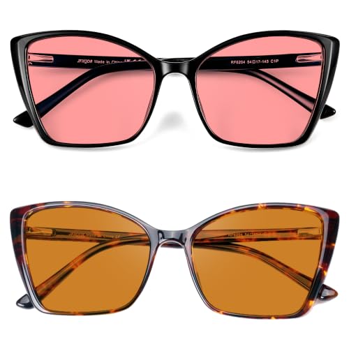 Image of Women's 2 Pack Indoor Fluorescent-41 Rose & Outdoor Fluorescent-60 Brown Cat Eye Tinted Blue Light Blocking Glasses for Migraine, Light Sensitivity, Photophobia LED Gaming Computer Screen Glare
