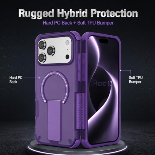 Image of MagA Case with Stand for Apple iPhone 17 Pro Max MagSafe Compatible, Rugged Hybrid Cover, Shockproof Armor, Scratch Resistant, Hard Polycarbonate Back, Soft TPU Bumper Translucent Matte Purple