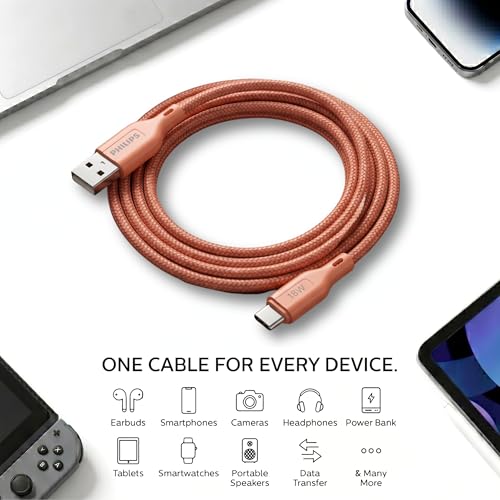 Image of PHILIPS DLC4160AR /94 18W Type-A to Type-C Fast Charging Cable (2m, Coral Reef) | Nylon Braided | Compatible with iPhone 15+ Series, USB-C iPad Models, Samsung Galaxy & All Type C Devices