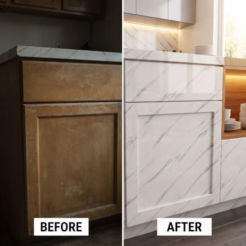 Image of HOME13 Marble Contact Paper White Peel and Stick Wallpaper for Kitchen Countertop Grey Marble Wallpaper for Kitchen Backsplash Cabinet Waterproof Self Adhesive Removable Wall Paper(24x360 Inch)