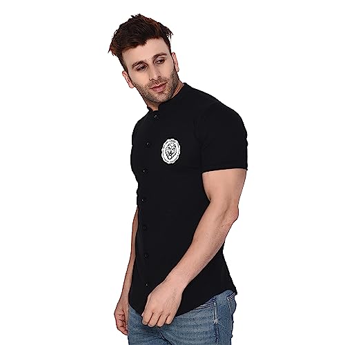 Image of Geum Men's Mandarin Collar Shirt with Graphic Print| Short Sleeve Cotton Blend Slim Fit Casual Shirt for Men