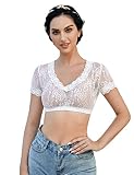 KOJOOIN Damen Dirndlbluse Weiß Trachtenbluse - Kurzarm Dirndl Bluse aus Spitze für Oktoberfest A-Spitze Dirndlbluse01 36