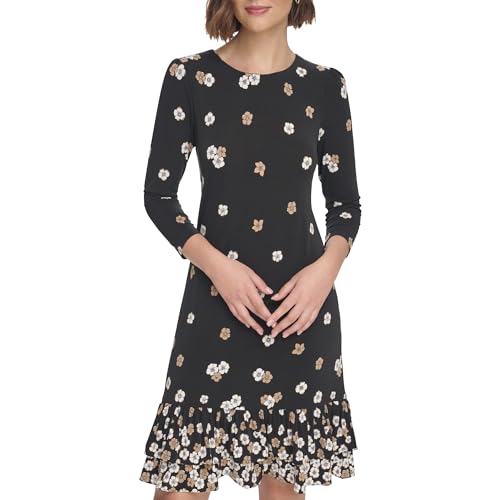 Image of Tommy Hilfiger Women's 3 /4 Sleeve Crew Neck Double Ruffle Hem Jersey Shift Mini Dress