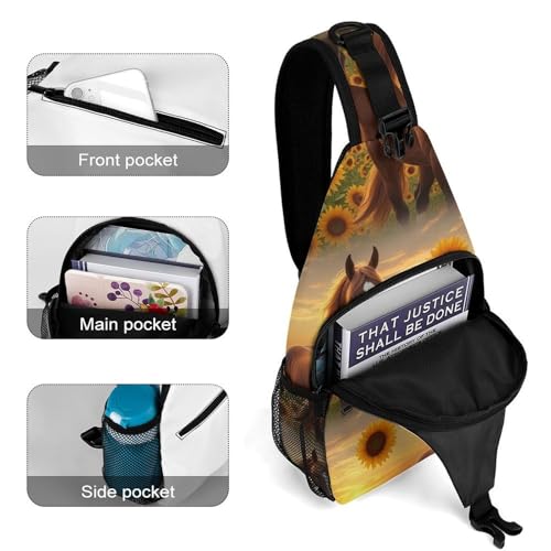 Fashion Dress Decor Sling Backpack Shoulder Bag, Day Pack, Chest Shoulder Bag For Men And Women Sunflower Horse4