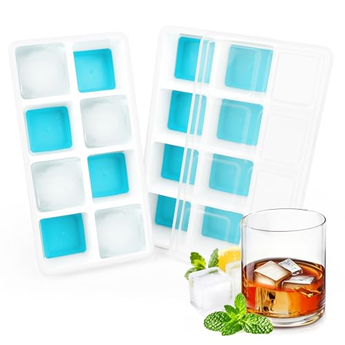 Cubiteras para Hielo Grande, 2 Piezas Moldes de Cubitos Hielo Silicona, RISVOWO Ice Cube Tray Reutilizables, Cubitera, Apilables Bandeja Cubo Hielo para Cócteles, Whisky, Vino, Puré de Frutas(Azul)