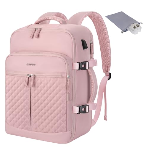 MOSISO 40L Travel Backpack for Women, Rhombus Quilted Flight Approved Carry on Daypack with USB Charging Port&Drawstring Bag, 17-17.3 inch Laptop Backpack for Office Work Travel Essentials, Pink