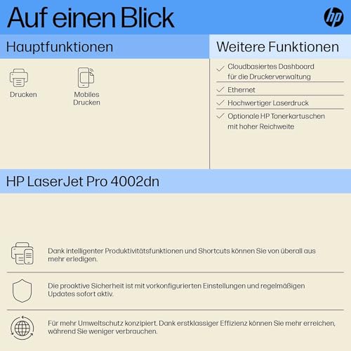 HP LaserJet Pro 4002dn Laserdrucker, Automatischer beidseitiger Druck, Hohe Druckgeschwindigkeit, Hi-Speed USB, Ethernet, Smart App… – Ansicht 2