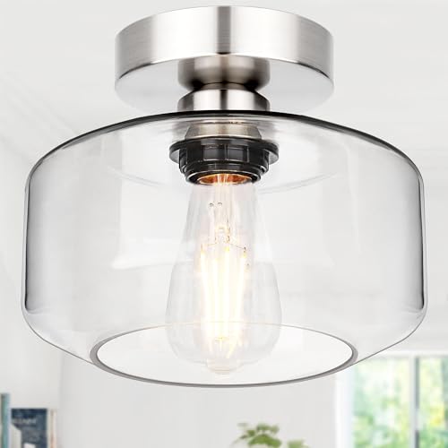 Lynnoland Industrial Semi Flush Mount Ceiling Light Brushed Nickel, Clear Glass Shade Ceiling Light...