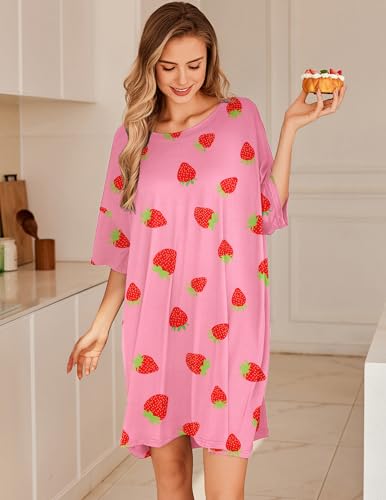Image of Ekouaer Plus Size Nightgowns for Women Oversized Sleep Shirt Short Sleeve Nightshirt T-Shirt Dress Sleepwear S-5XL
