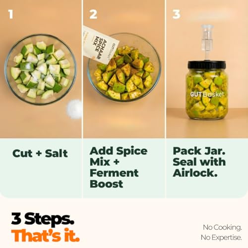 Image of Gutbasket Probiotic Achaar Making Kit 1 Litre | Zero Oil, Live Cultures in 4-5 Days | 1L Glass Fermentation Jar with Airlock | 10 Achaar Recipes Inside | Beginner Friendly