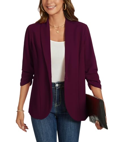 MINTLIMIT Women's Ruched 3/4 Sleeve Open Front Shawl Collar Blazer Lightweight Work Office Jackets Blazers, Burgundy4