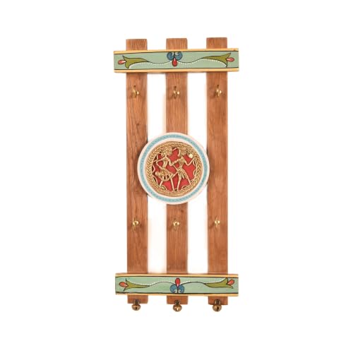 Image of AAKRITI ART CREATIONS Key Holder, Brass Elegance Key Hanger | Rustic Teak Wood Wall Organizer with 6 Hooks | New Home Gifts | Multifunctional Entryway Decor Item