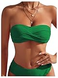 MakeMeChic Women's Bandeau Bikini Tops Strapless Twist Front Ruched Bathing Suit Top Green X-Large