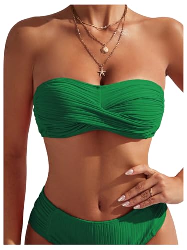 MakeMeChic Women's Twist Bandeau Solid Ruched Strapless Swimsuit Bikini Top